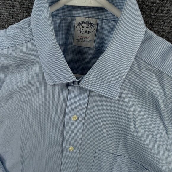 Brooks Brothers Extra-Slim 16-34 Non-Iron Spread Check Blue Cotton Button Up Men - Picture 3 of 16
